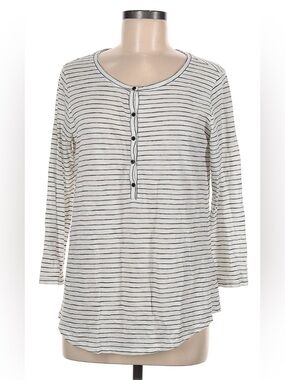 Vince White and Gray Striped Henley Long Sleeve Top